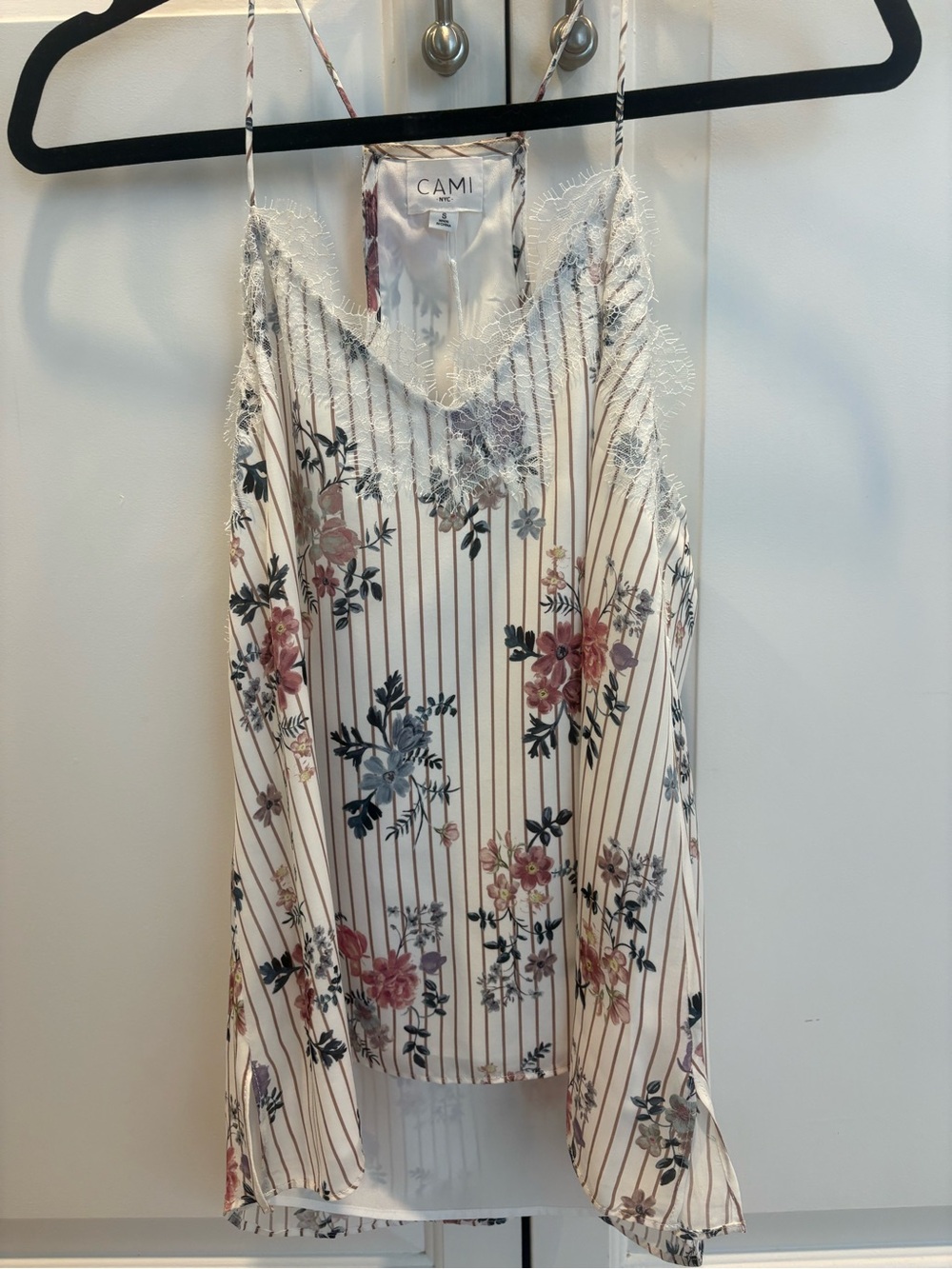 Cami NYC Cream Floral Lace-Trim Striped Camisole
